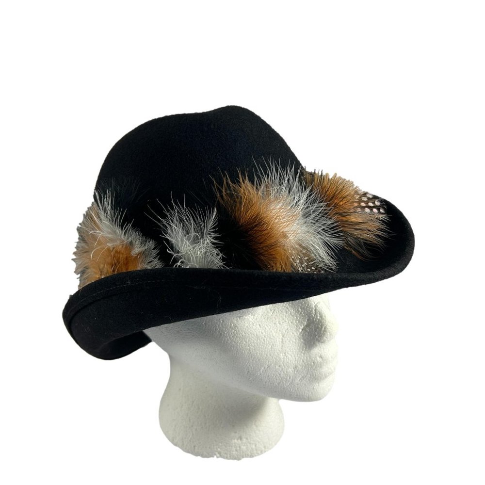 Vintage Geo W Bollman Black Doeskin Felt Wool Fedora Hat Feathers Size 7 USA